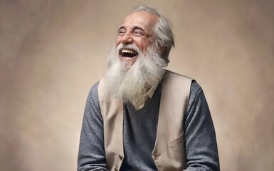 A portrait of an old man laughing ,wrinkles on face, beard, generated by AI