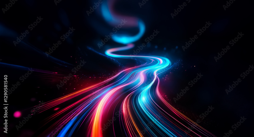 Poster abstract image of vibrant blue and red light trails flowing dynamically against a dark backdrop, cre