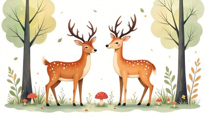 Adorable Pair of Deer in Autumnal Forest Illustration Cute Wildlife Art Nature Scene