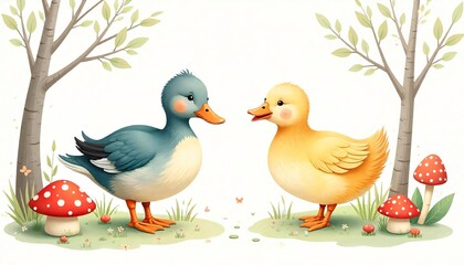 Fototapeta premium Adorable Baby Ducks in Springtime Forest Scene Cute Cartoon Illustration