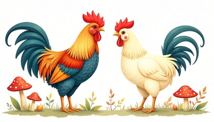 Fototapeta premium Two Roosters Colorful Farm Birds Detailed Illustration Autumn Scene Mushrooms