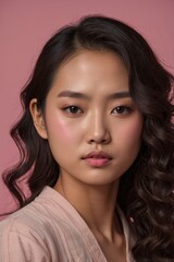 Beautiful Asian Woman Portrait Soft Makeup Pink Background