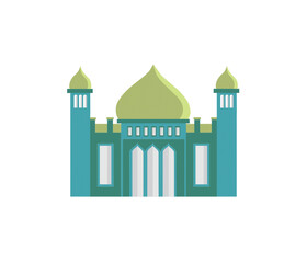 Historic mosque with green domes and towers captured in a minimalist design style in an urban setting