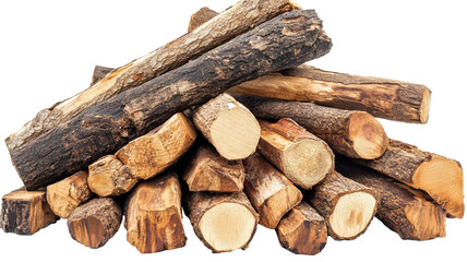 A pile of smaller logs stacked neatly, with different lengths and textured bark, isolated on a transparent background. Some of the logs are freshly chopped, 