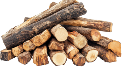 A pile of smaller logs stacked neatly, with different lengths and textured bark, isolated on a transparent background. Some of the logs are freshly chopped, 