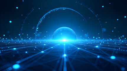 Fototapeta premium Digital Landscape with Glowing Blue Light and Tech Network Grid