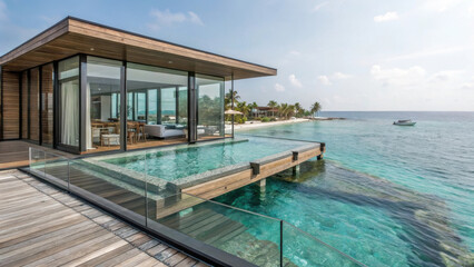 Fototapeta premium Luxurious overwater villa hotel with glass floor, stunning ocean view, and modern design. Perfect for relaxation and enjoying nature beauty