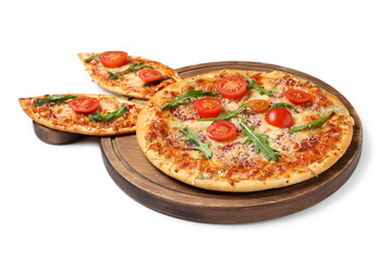 Board with Easter pizza with bunny ears isolated on white background