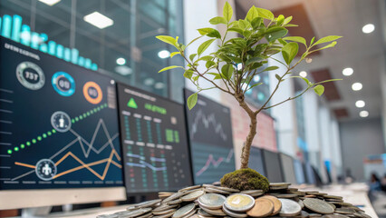 money tree growing in digital environment symbolizes financial growth and prosperity. backdrop features data analytics and charts, enhancing theme of investment and success