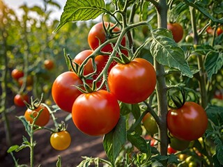A closeup shot of a series of tomatoes on a tree in a greenhouse
