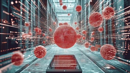An abstract representation of data movement within a digital space, showcasing vibrant spheres and flowing lines that capture the essence of technology and connection.