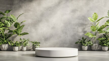 Modern Interior With Minimalist Decor Featuring a Circular Platform and Lush Green Plants in Stylish Pots Against a Textured Gray Wall