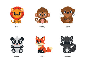 Vector Exotic Jungle and Forest Mammals. Lion, Monkey, Otter, Panda, Fox, Racoon. Illustration of Flat Jungle Mammals.