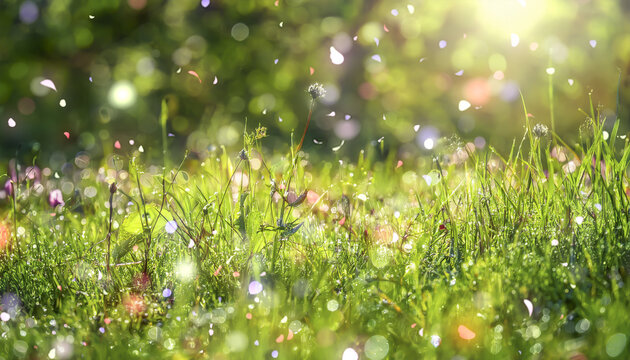 春夏　雨上がりのさわやかな森林の草原、キラキラ輝く野原の草　花舞い散る花びら　太陽の光日差しが降り注ぐ朝の背景　アウトドア・キャンプ・自然・季節の風景