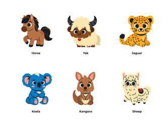 Vector Exotic Jungle and Forest Mammals. Horse, Yak, Jaguar, Koala, Kangoro, Sheep. Illustration of Flat Jungle Mammals.