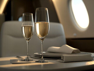Luxury Toast in Flight: Two elegant champagne glasses, filled with sparkling golden liquid, sit on a refined table setting, with light streaming through the window, hinting at a lavish aerial journey