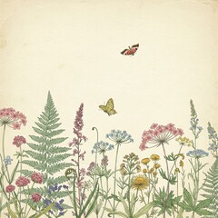 Naklejka premium Vintage Botanical Illustration with Butterflies and Wildflowers, Perfect for Garden Decor and Nature-Themed Projects