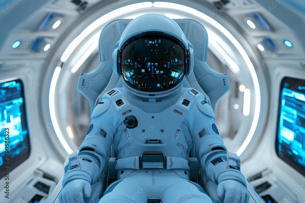 Poster Astronaut in futuristic space capsule prepares for interstellar journey in a high-tech environment