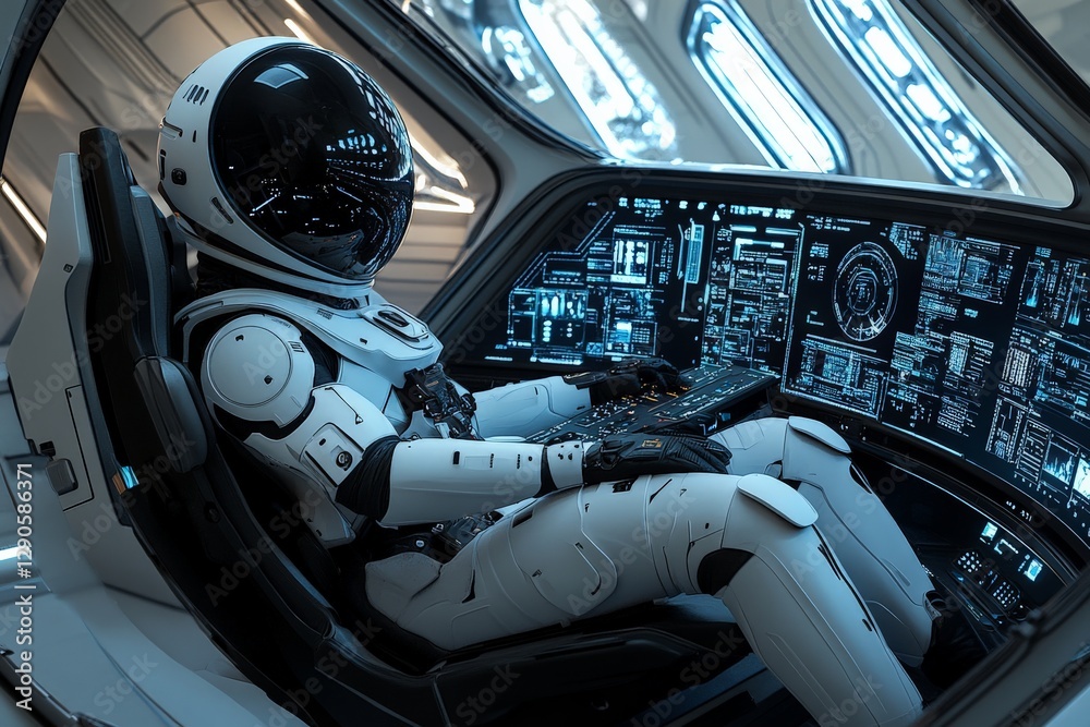Poster Astronaut operates advanced control panel in a futuristic spaceship during a deep space mission
