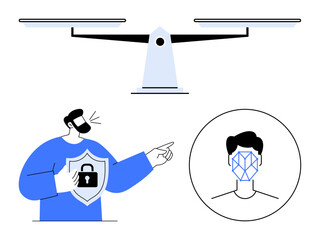 Man holding shield with lock symbol, pointing towards face scan in a circle with scales above. Ideal for AI ethics, privacy, biometrics, cybersecurity, digital rights, data protection, abstract line