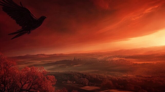 An ominous yet beautiful scene captures a dark raven soaring over a breathtaking landscape, set against a foreboding red sunset that emphasizes mystery.