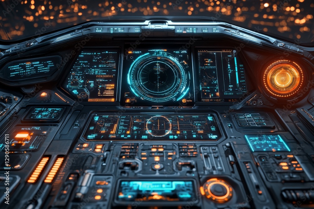 Poster futuristic cockpit control panel showcasing advanced technology and vibrant displays in a sci-fi env