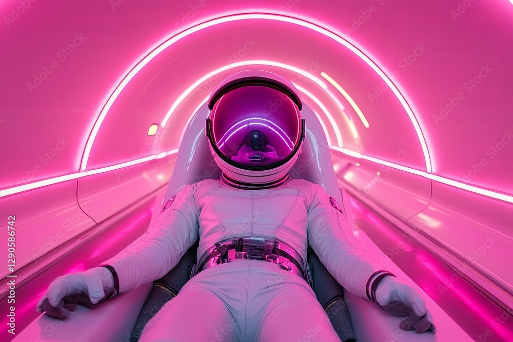 Poster Astronaut in futuristic capsule surrounded by neon lights in a high-tech setting