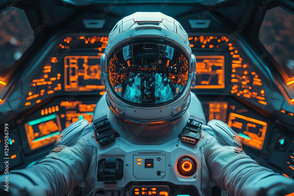 Poster Astronaut in cockpit surrounded by high-tech controls and glowing displays while preparing for a space mission