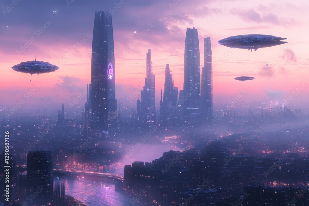Poster futuristic cityscape with floating ships at sunset in a vibrant, technologically advanced environmen