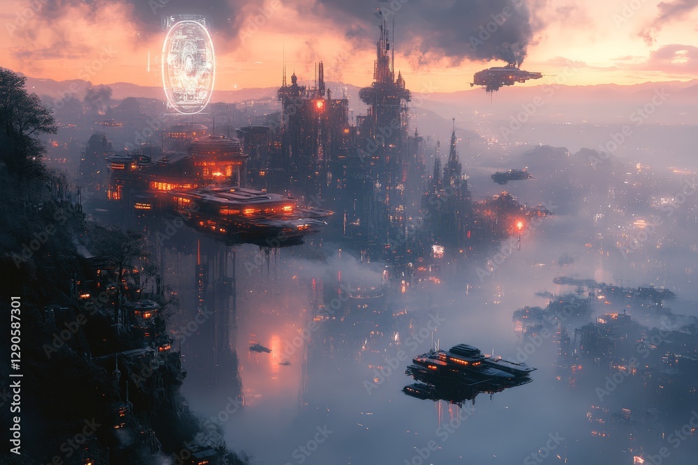 Poster futuristic cityscape at dusk with floating ships and neon lights over a misty landscape