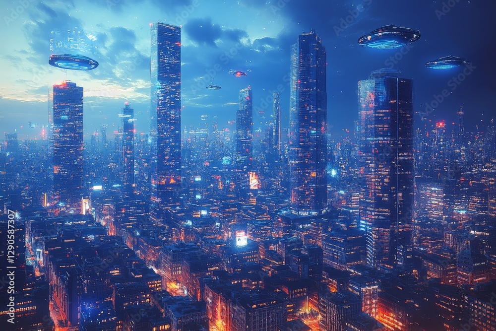 Poster futuristic cityscape with illuminated skyscrapers and hovering ufos during twilight