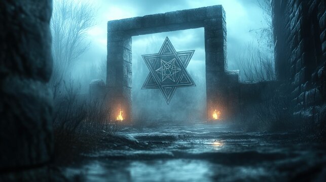 Mystical stone gateway, hexagram symbol, night fog.