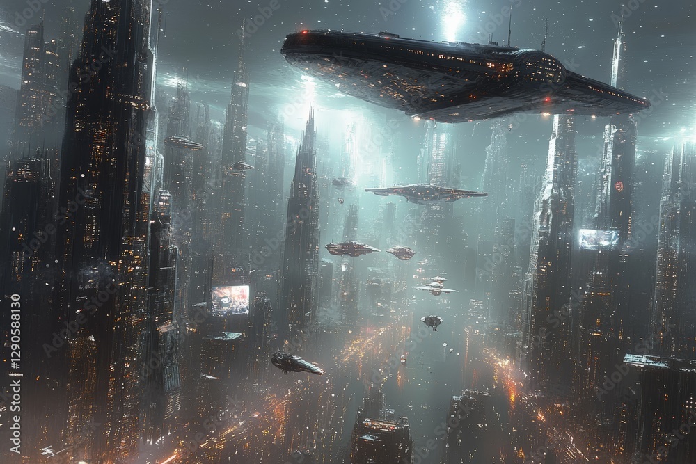 Poster futuristic cityscape with floating ships and towering skyscrapers illuminated by neon lights during 