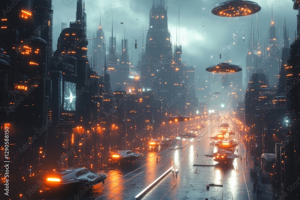 Aufkleber futuristic cityscape with illuminated buildings and hovering vehicles at twilight
