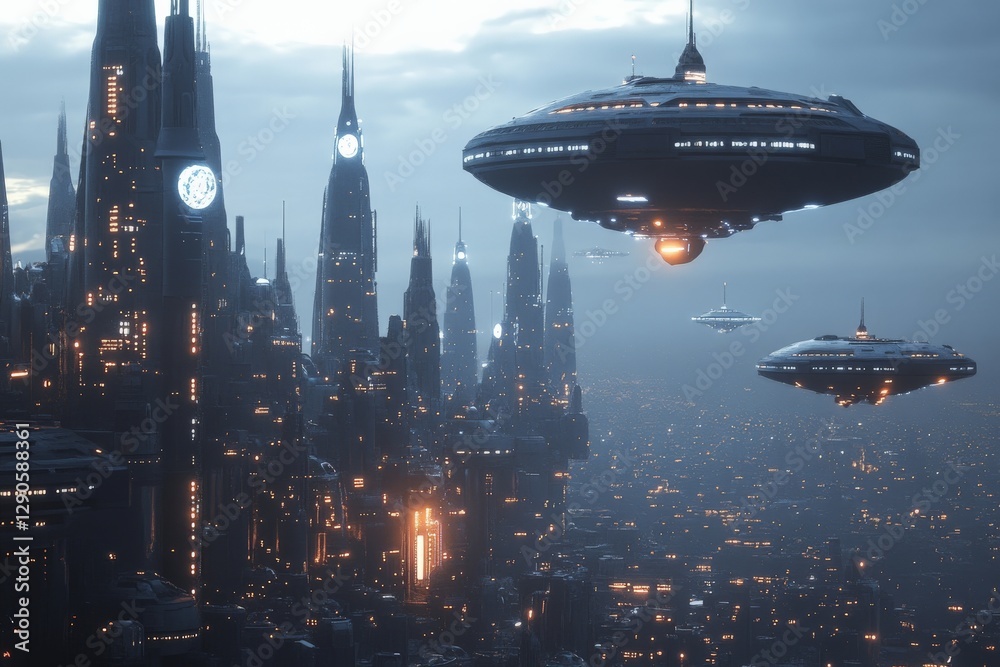 Poster Futuristic city skyline with hovering spacecraft in a twilight atmosphere filled with glowing lights