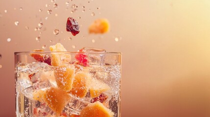 Refreshing Fruit Splash in Sparkling Water with Ice Cubes