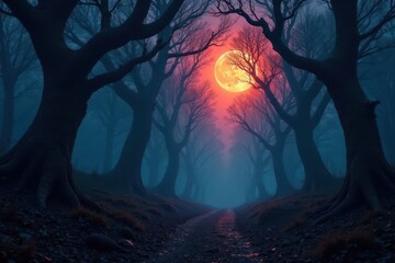 Ancient gnarled trees, eerie twilight in haunted forest, adventure, shadow, landscape
