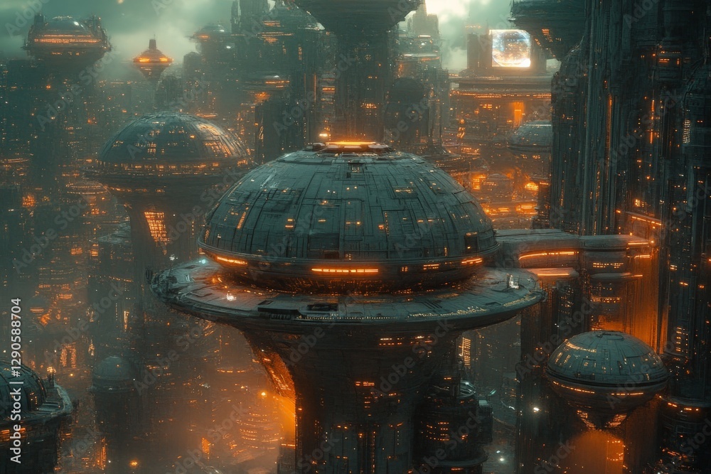 Poster futuristic cityscape features illuminated domes and towering structures amidst a misty atmosphere at