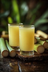 Two glasses of fresh sugarcane juice, with cut sugarcane stalks on a rustic wooden surface