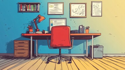 Fototapeta premium Modern Workspace with Desk, Chair, Computer, and Office Decor