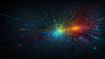 Naklejka premium Dynamic Collision of Particles Creating Vibrant Energy Burst with Radiant Colors Symbolizing Futuristic Science Technology and Motion
