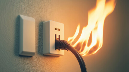 Close up of electrical wire on fire in wall socket, illustrating dangerous situation. flames highlight risk of electrical hazards and potential fire damage