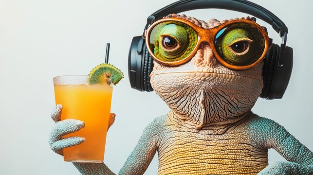 Frog wearing headphones and holding a glass of orange juice. The frog has a green straw in the glass