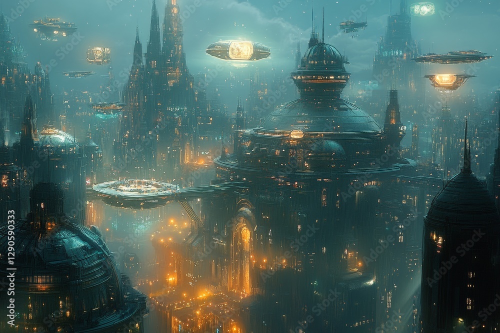 Aufkleber futuristic cityscape with hovering crafts and illuminated buildings at twilight