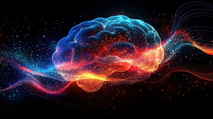 Fototapeta premium Futuristic abstract background with glowing brain signals, neural patterns, and cosmic light waves 