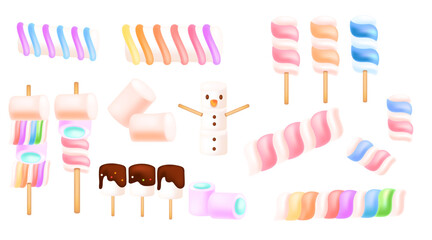 Big collection of colorful sweet marshmallows. Tasty zephyr candies. Vector illustration isolated on white background