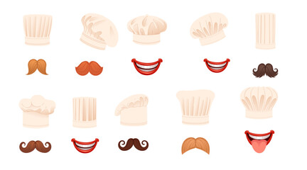 Collection of assorted bakery and chef-related items hats with mustaches. Various designs. Vector illustration isolated on white background