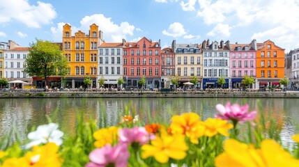 Obraz premium Colorful canal-side houses, summer day, flowers foreground, travel postcard