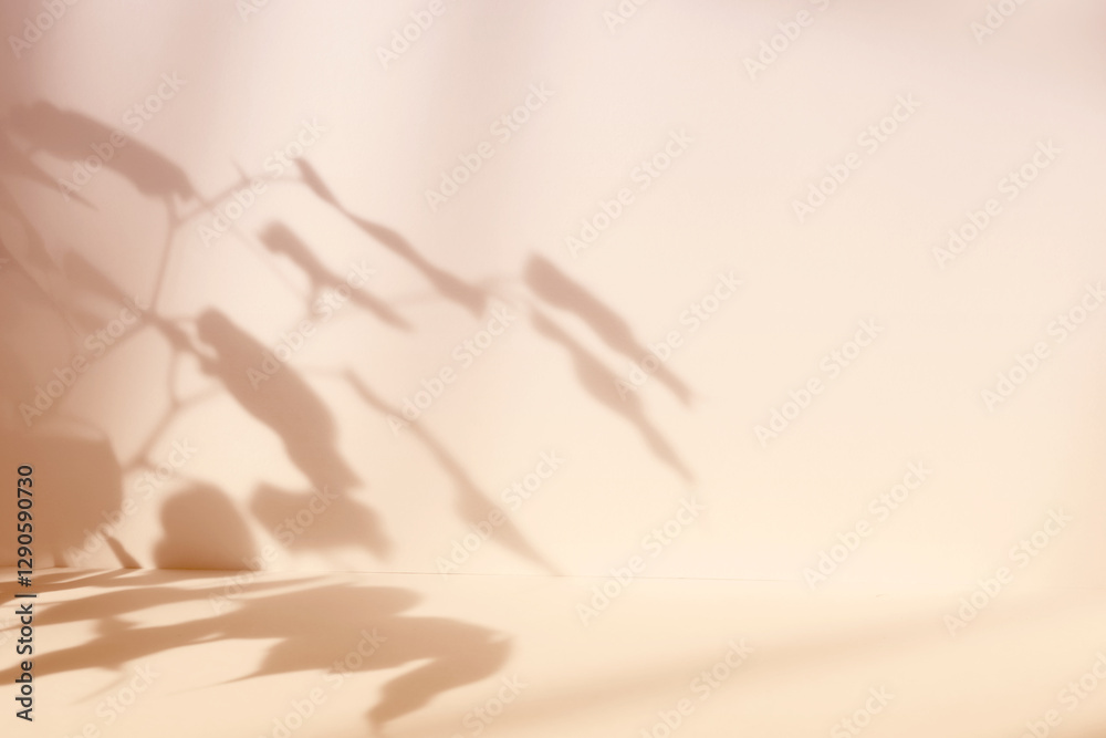 Poster Abstract beige color gradient studio background for product presentation. Empty room with shadows of flowers and plant leaves. 3d brown room with copy space. Summer concept. Blurred backdrop
