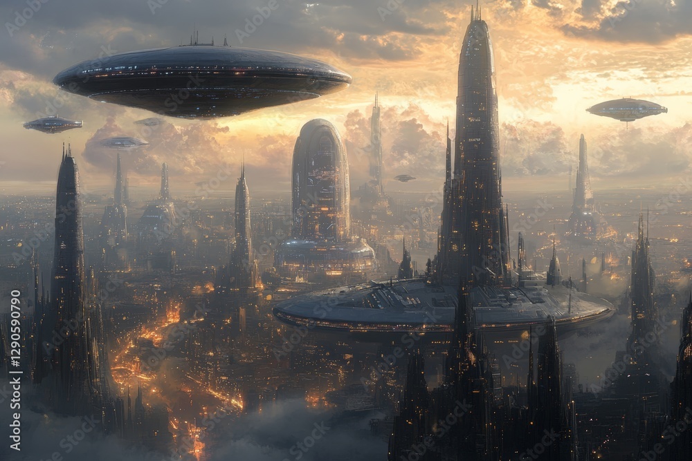 Aufkleber futuristic cityscape with hovering spacecraft and towering structures at sunset in a sci-fi setting
